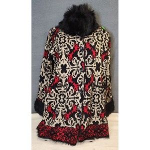 BLACK RIVET Faux Fur Collar‎ Cardigan Sweater Jacket Size Medium Black Red NWT